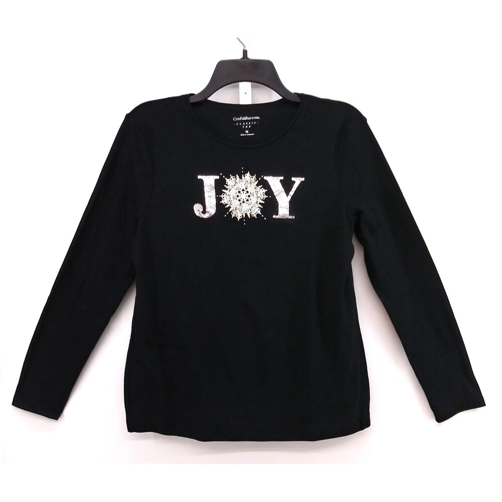 Croft & Barrow Shirt Womens Medium Black Long Sleeve Top JOY Snowflake Christmas